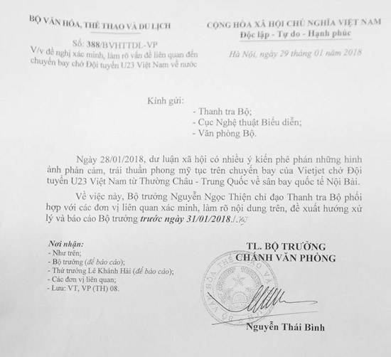 Công văn yêu cầu làm rõ vụ mặc phản cảm trên chuyên cơ chở U23 Việt Nam của Bộ Văn hóa, Thể thao và Du lịch. 